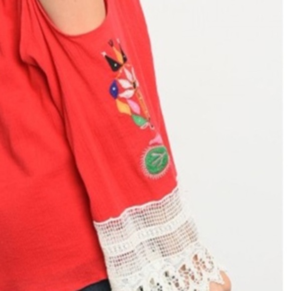 Red Off The Shoulder Top With Lace - Picture 2 of 3